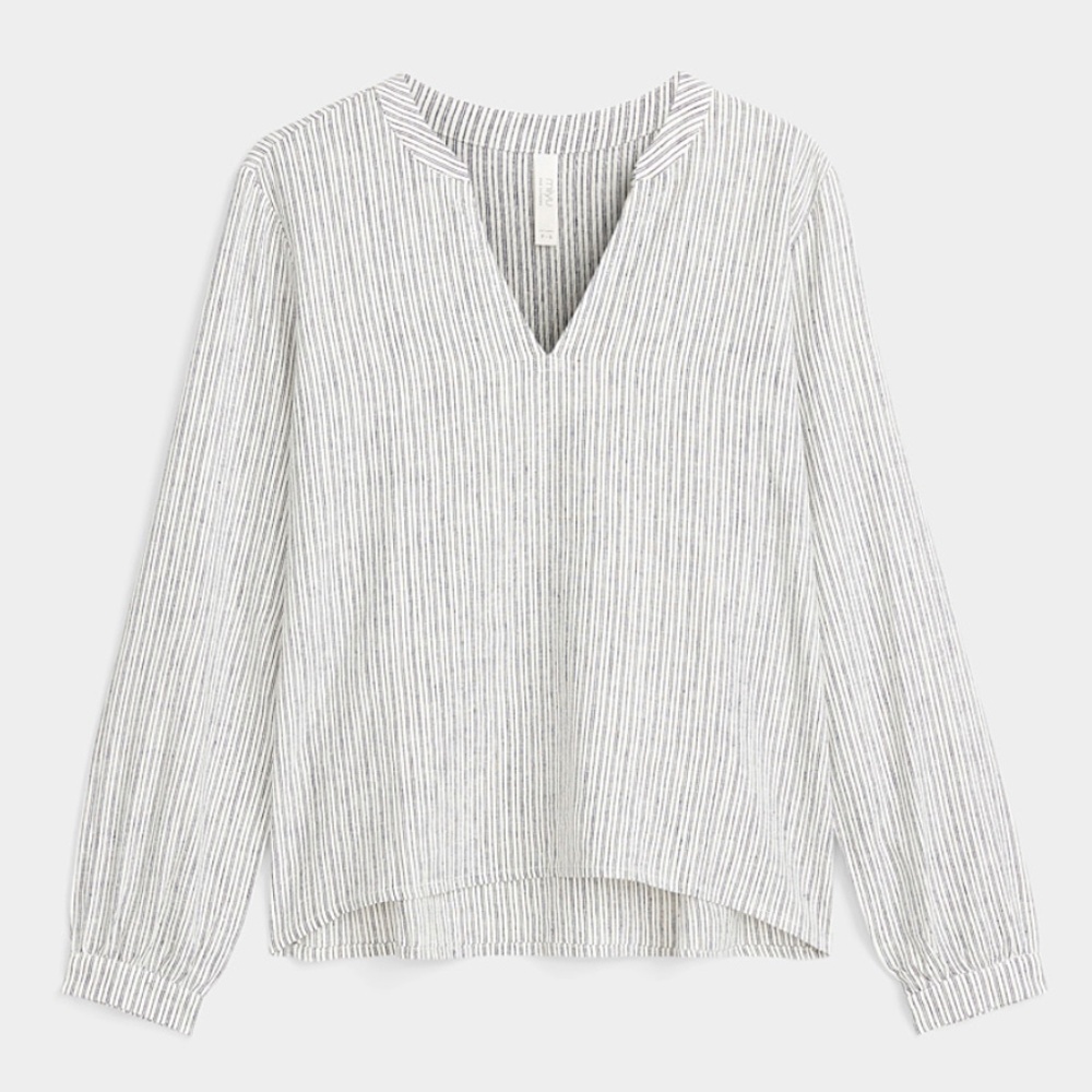 White and gray bohemian stripe linen blend V-neck long sleeve shirt NWT